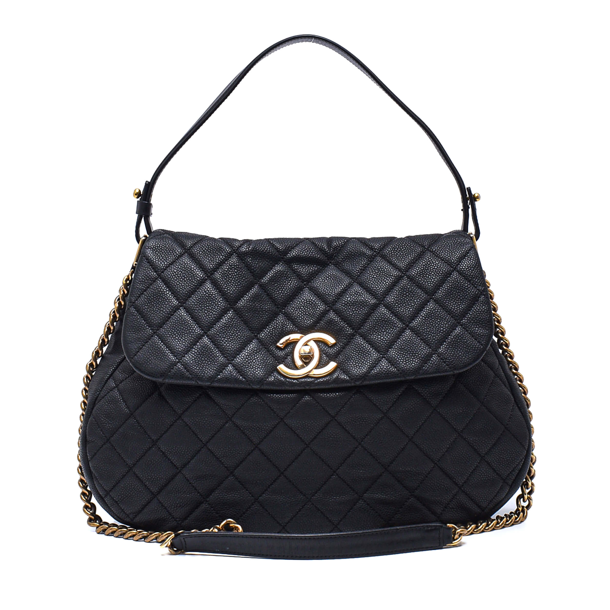 Chanel - Black Quilted Caviar Leather Country Chic Flap Messenger Bag